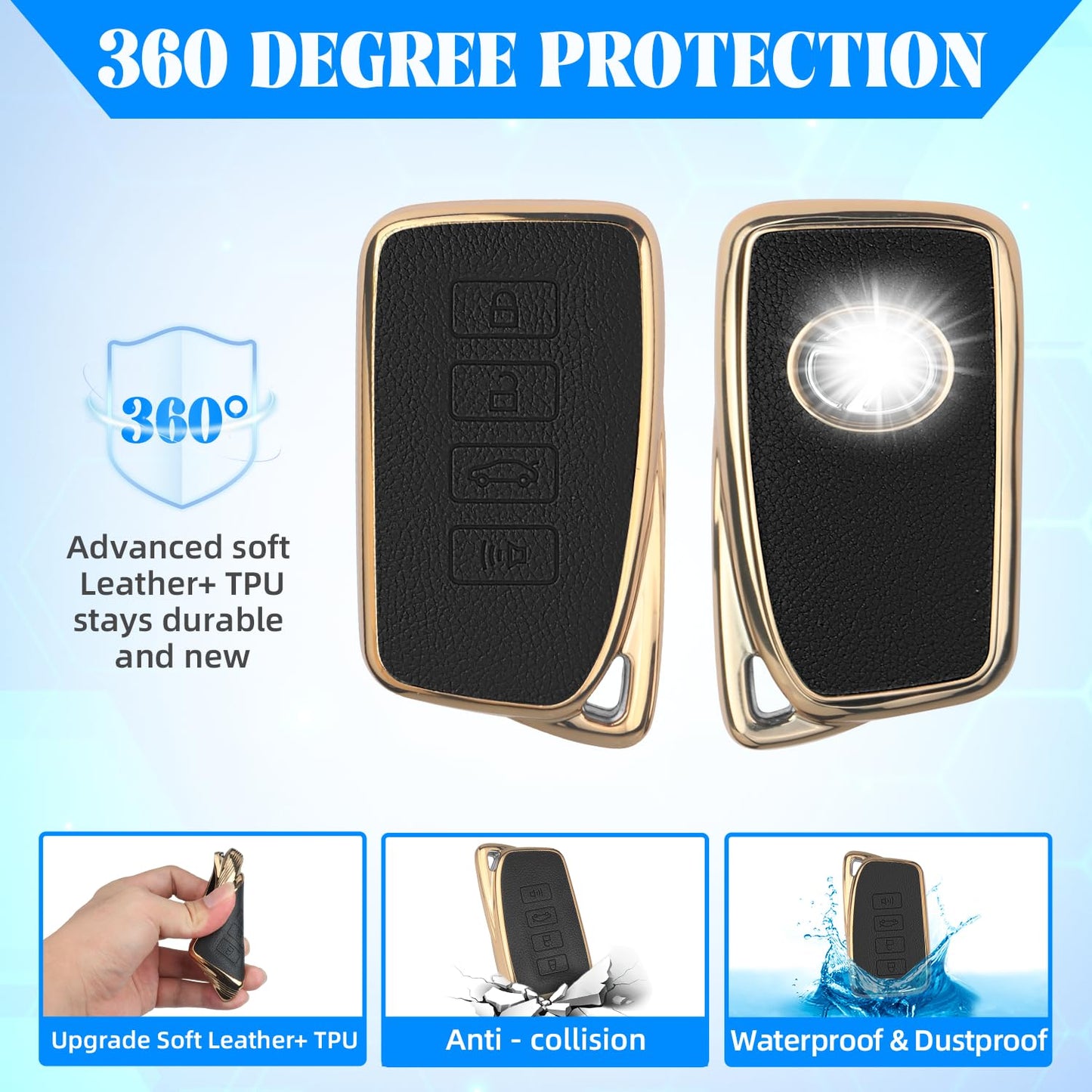 QBUC for Lexus Key Fob Cover with Keychain,Upper Leather + Soft TPU Car Key Case Shell for Lexus 2015-2021 ES IS GS NX LS RX RC GX LX 570 200 250 350 460 300 F 450h 600h,4 Buttons(Black)