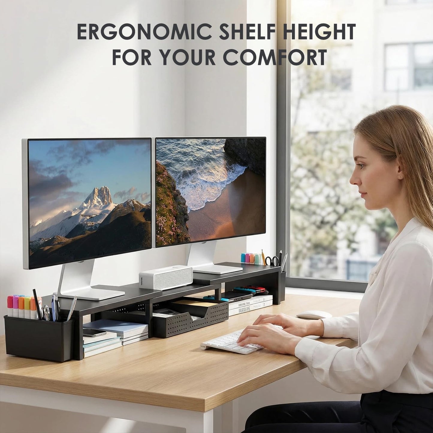 OPNICE Desk Organizers and Accessories, Dual Monitor Stand Riser with Drawer and 2 Pen Holders, Desk Shelf Metal Computer Racks for Office Workspace Organizers, Desktop Organization (Black Metal)