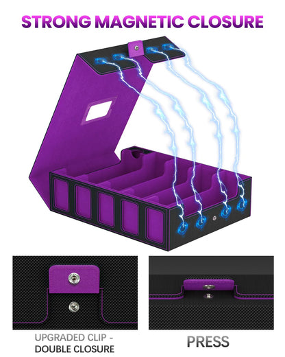 Trading Card Storage Box, 5 Row Card Deck Case with Commander Display & Portable Handle, 4200+ Card Deck Boxes Compatible for MTG TCG Magic Cards, 30 Divider, 8 Supporters, 1 Dice Tray(Black & Purple)