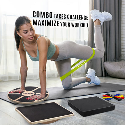 Yes4All Combo 4-in-1 Set for Full Body Workout, Wooden Wobble Balance Board with Rocker Balance Board, Balance Pad & Exercise Bands