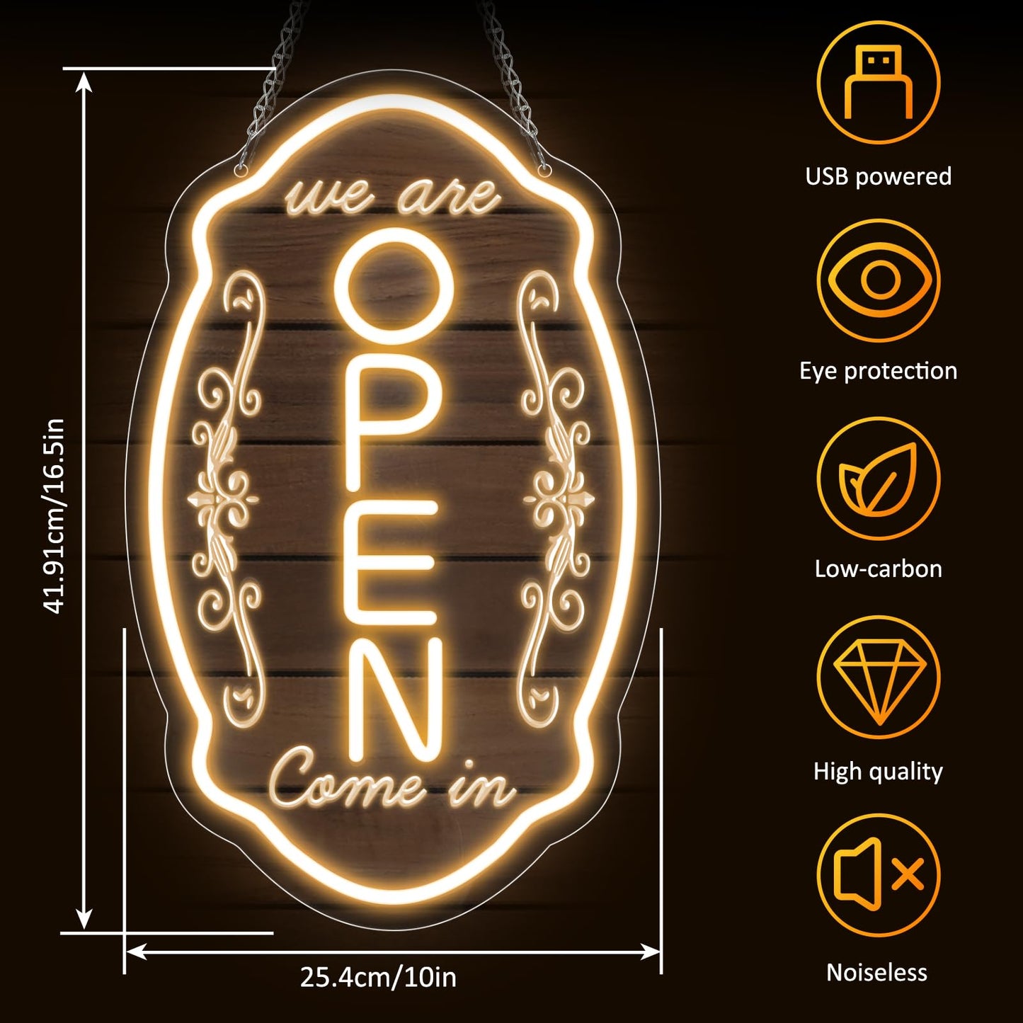 LED Neon Open Sign for Business, 16.5x10'' Come in We’re Open Sign, Warm White Adjustable Brightness Neon Lights for Party, Bar, Salon, Stores, Hotel, Wall Decor, Clubs, Hotels, Vertical