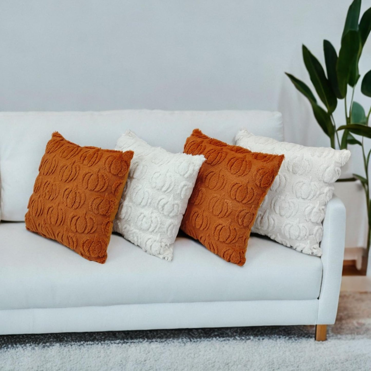 HDVUHKI Fall Pumpkin Throw Pillow Covers 18x18 inch Set of 4, Rust Red and White Autumn Thanksgiving Farmhouse Living Room Soft Fluffy Plush Faux Fur Wool Decorations for Sofa Couch Bed