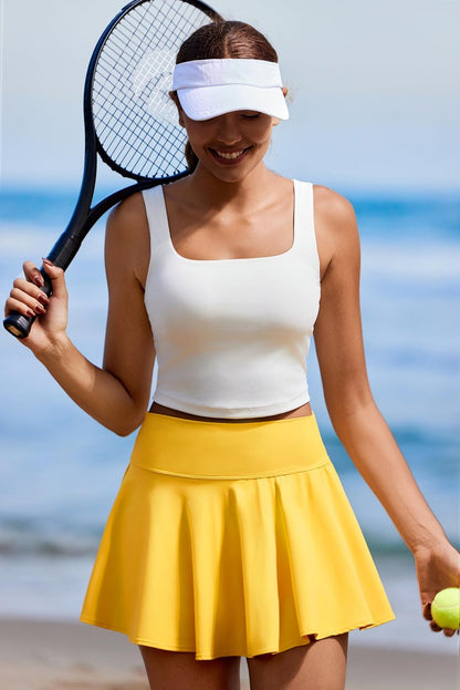 PINSPARK Womens Tennis Skirt High Waist Pleated Mini Skirts Tummy Control Athletic Skort with Pockets, Yellow Small