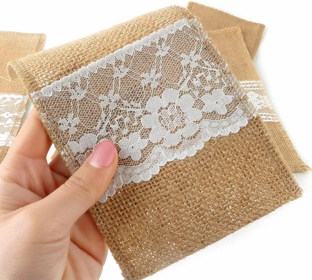 OZXCHIXU TM 100 Pack Natural Burlap Cutlery Holder Pouch Bag 4x8.5 Inch with Lace Silverware Napkin Holders Wedding Party Bridal Shower Table Setting Table Decoration