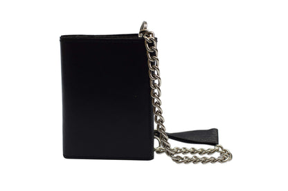 MARSHAL Men's Genuine Leather Black Trifold Wallet with Chain Biker Trucker Motorcycle (Eagle Black)