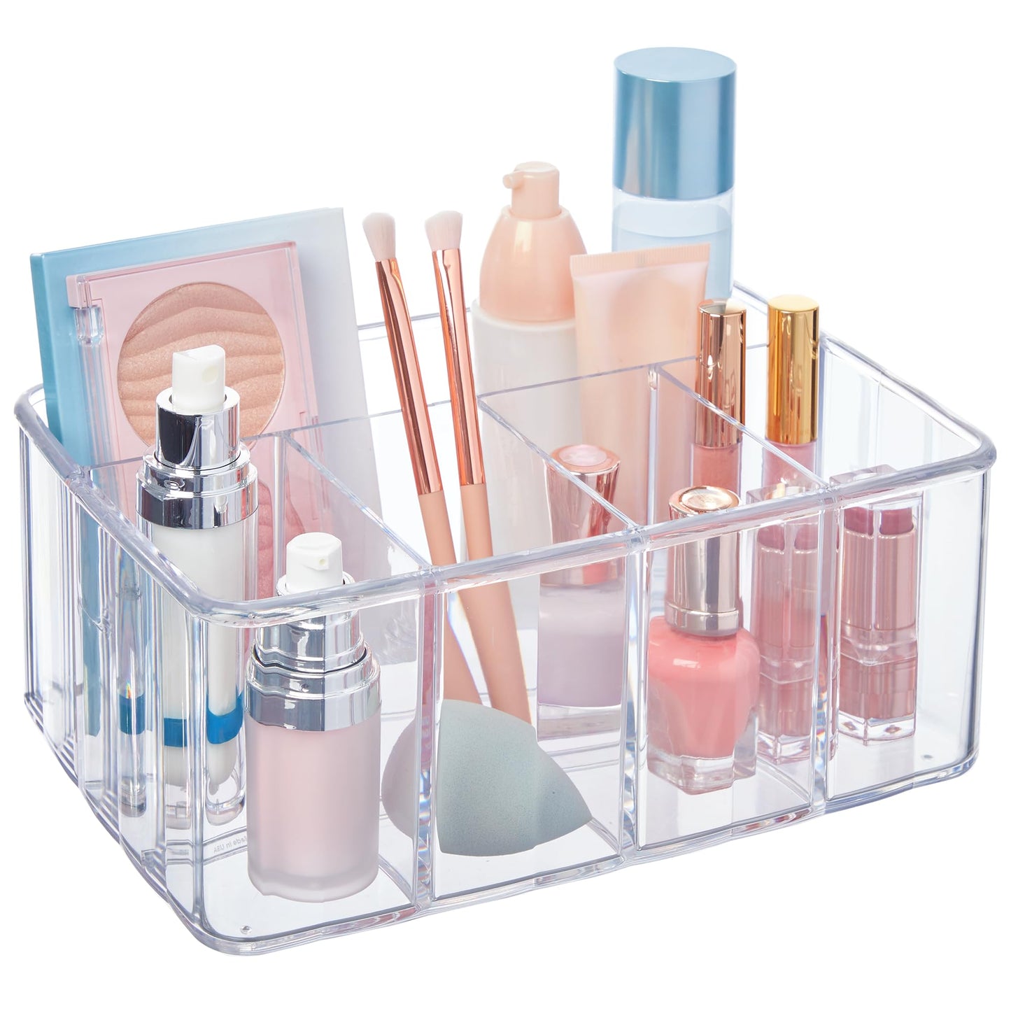 STORi 5-Compartment Clear Plastic Organizer | Rectangular Divided Makeup and Vanity Storage Bin and Office Desk Caddy | Scalloped Wall Design | Made in USA