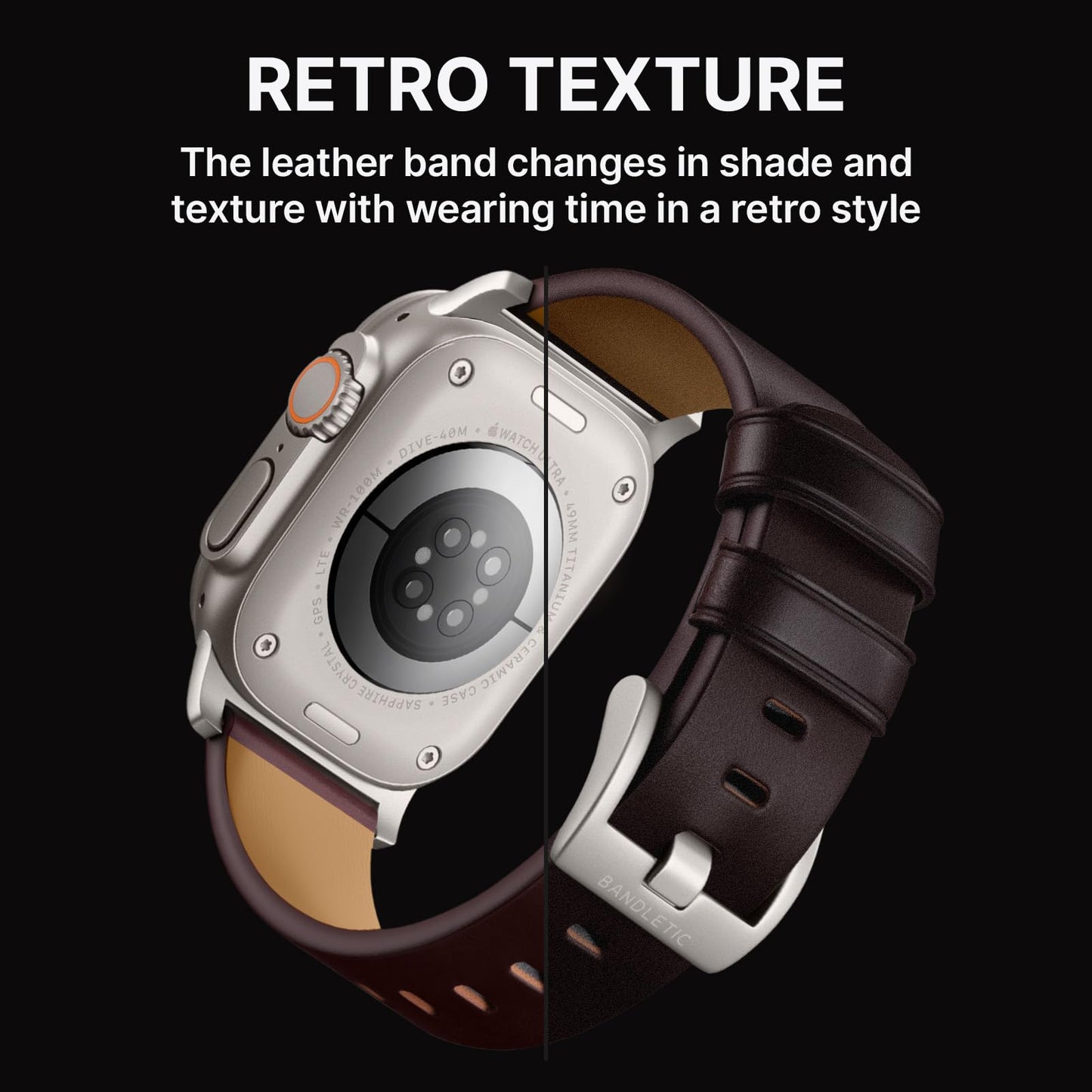 Bandletic Genuine Leather Bands Compatible with Apple Watch Ultra 3 Band for Men Women, Soft Replacement Strap for iWatch 49mm(Ultra 3/2/1),46mm(11/10),45mm(9/8/7),44mm(SE3/SE2/SE/6/5/4),42mm(3/2/1)