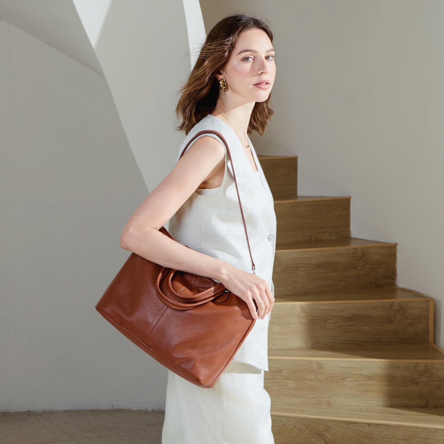 befen Brown Soft Real Leather Tote Bag for Women, Womens Leather Work Purses Handbags Crossbody Shoulder Bags with Top Handles Satchel Purse
