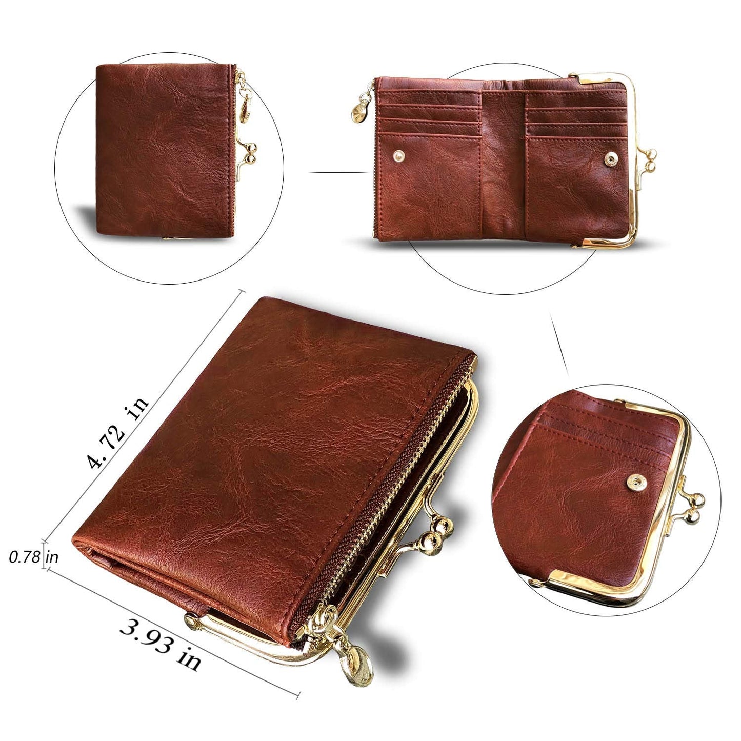 AOXONEL Womens Wallet Small Rfid Ladies Compact Bifold Leather Vintage Coin Purse With Zipper and Kiss Lock (Brown)