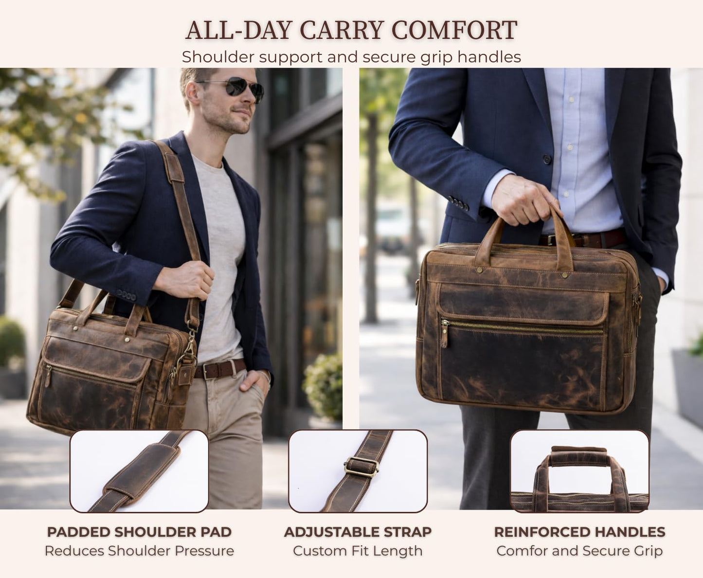 Brown Leather Messenger Bag for Men, Genuine Leather Briefcase Fits 15 Inch Work Satchel for Office, Business, and Travel Use