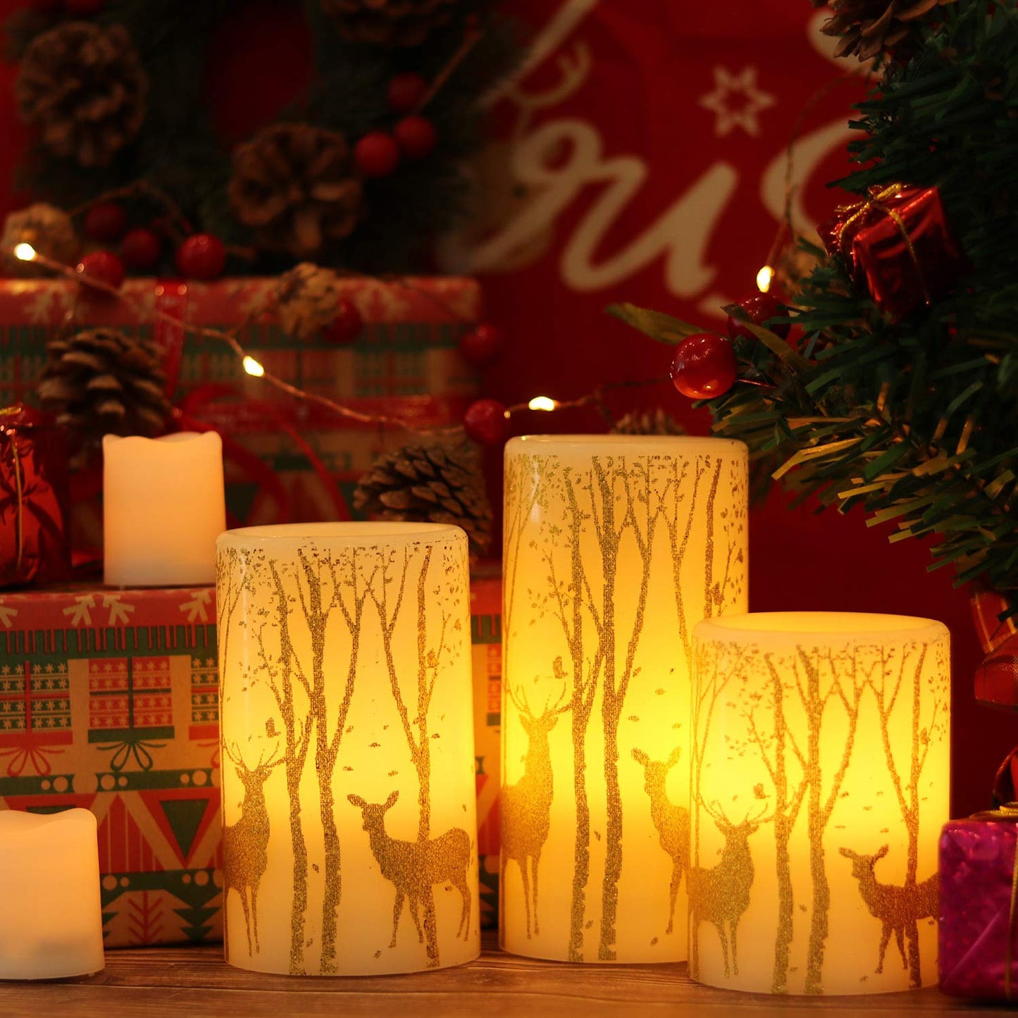 Wondise Flameless Flickering Candles with Timer, Battery Operated Real Wax Gold Deer Decal LED Pillar Candles for Christmas Holiday Home Decoration, Set of 3(3 x 4,5,6 Inch)