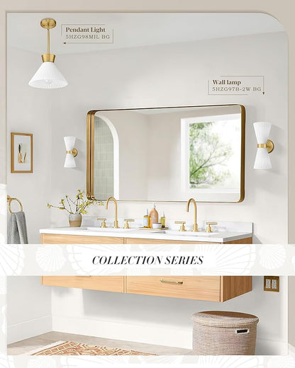 Gold Sconce Wall Lighting, HWH Single Wall Vanity Light Fixture Brushed Gold Wall Sconce Lamp, Modern Indoor Up Down Wall Light with Frosted Milk White Striped Glass Shade, 5HZG97B-2W BG