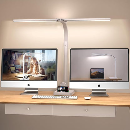 Double Head LED Desk Lamp, Architect Desk Lamps for Home Office, 24W Brightest Workbench Office Lighting-5 Color Modes and 5 Dimmable Eye Protection Modern Desk Lamp (White-Desktop, Big)