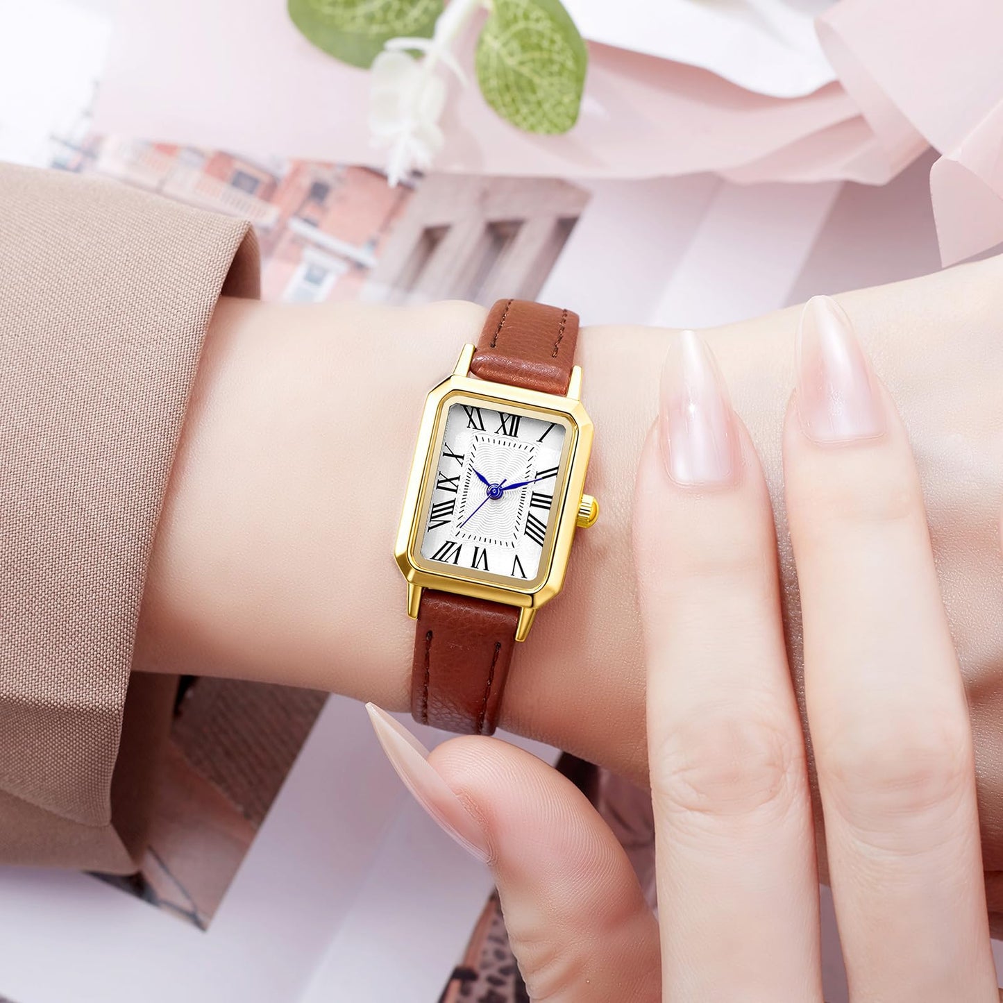 BESTKANG Leather Strap Watches for Women Elegant Dainty Ladies Watch Vintage Rectangle Women Quartz Wrist Watch (Brown Gold White)