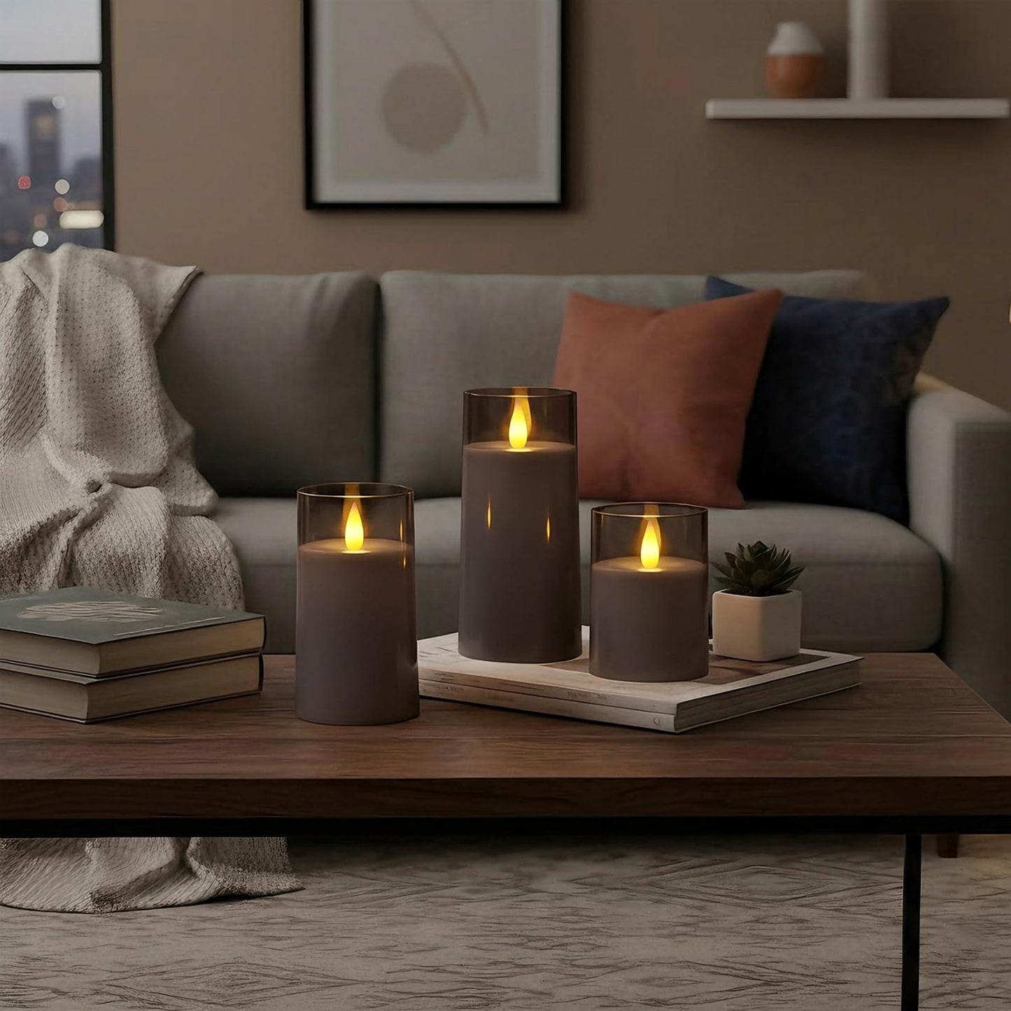 Raycare Flameless Electronic Pillar Candles with Remote Control and Timer- Battery Operated Realistic Flickering LED Fake Candle for Home, Wedding, Valentine's Day Decor, Grey,Set of 3(3"x4"5" 6")