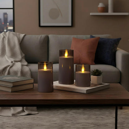 Raycare Flameless Electronic Pillar Candles with Remote Control and Timer- Battery Operated Realistic Flickering LED Fake Candle for Home, Wedding, Valentine's Day Decor, Grey,Set of 3(3"x4"5" 6")