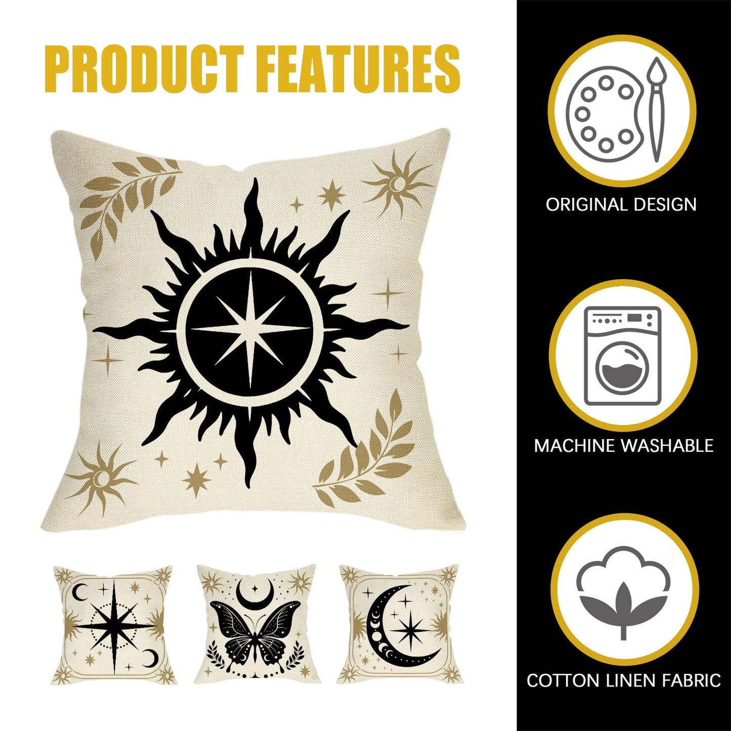 Fahrendom Celestial Sun Moon Phase Decorative Throw Pillow Covers 18 x 18 Set of 4, Boho Star Butterfly Mystical Astrology Porch Patio Outdoor Pillowcase, Witchy Sofa Couch Cushion Case Home Decor
