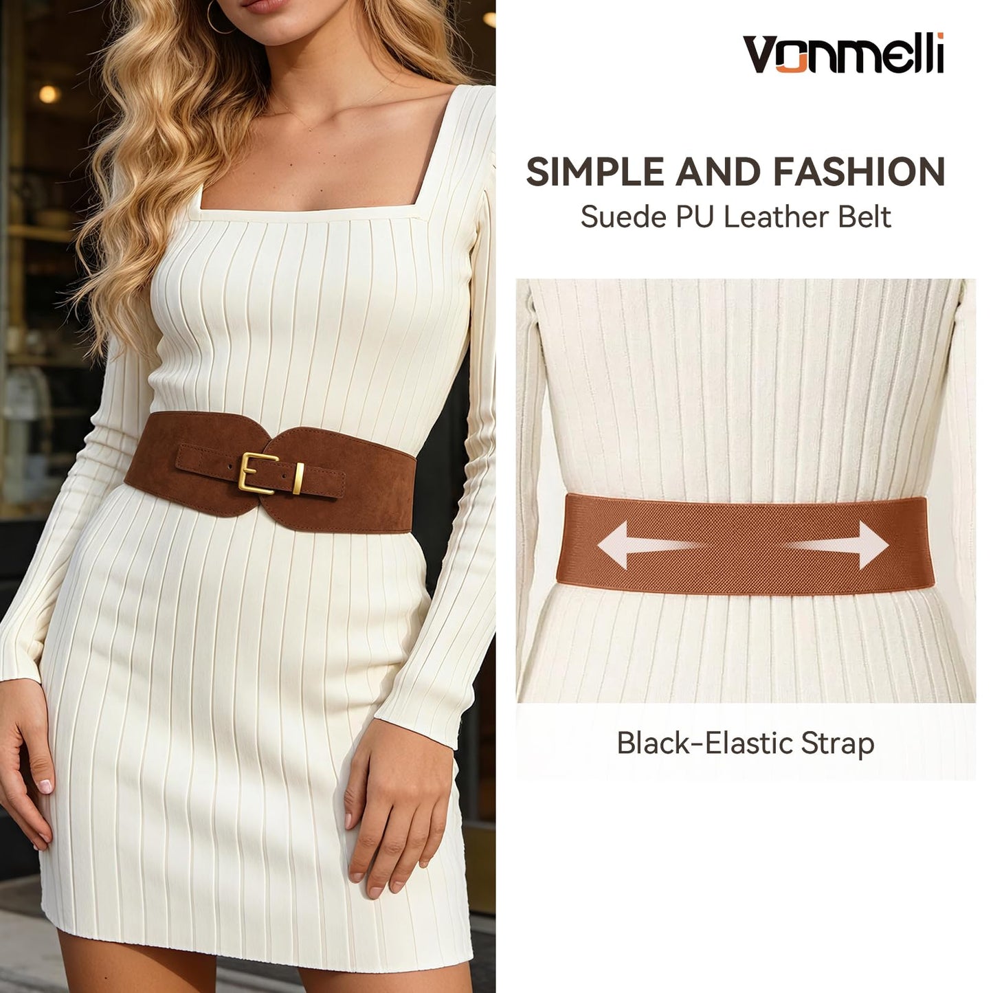 VONMELLI Women's Wide Elastic Belt Dark Brown Suede Stretchy Belt for Dress Suits with Vintage Gold Buckle, M