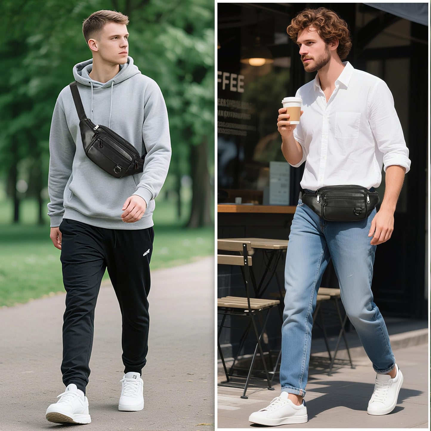 Genuine Leather Fanny Pack HandMade Durable cowhide Waist Bag Lots of Anti-theft zipper pocket Black