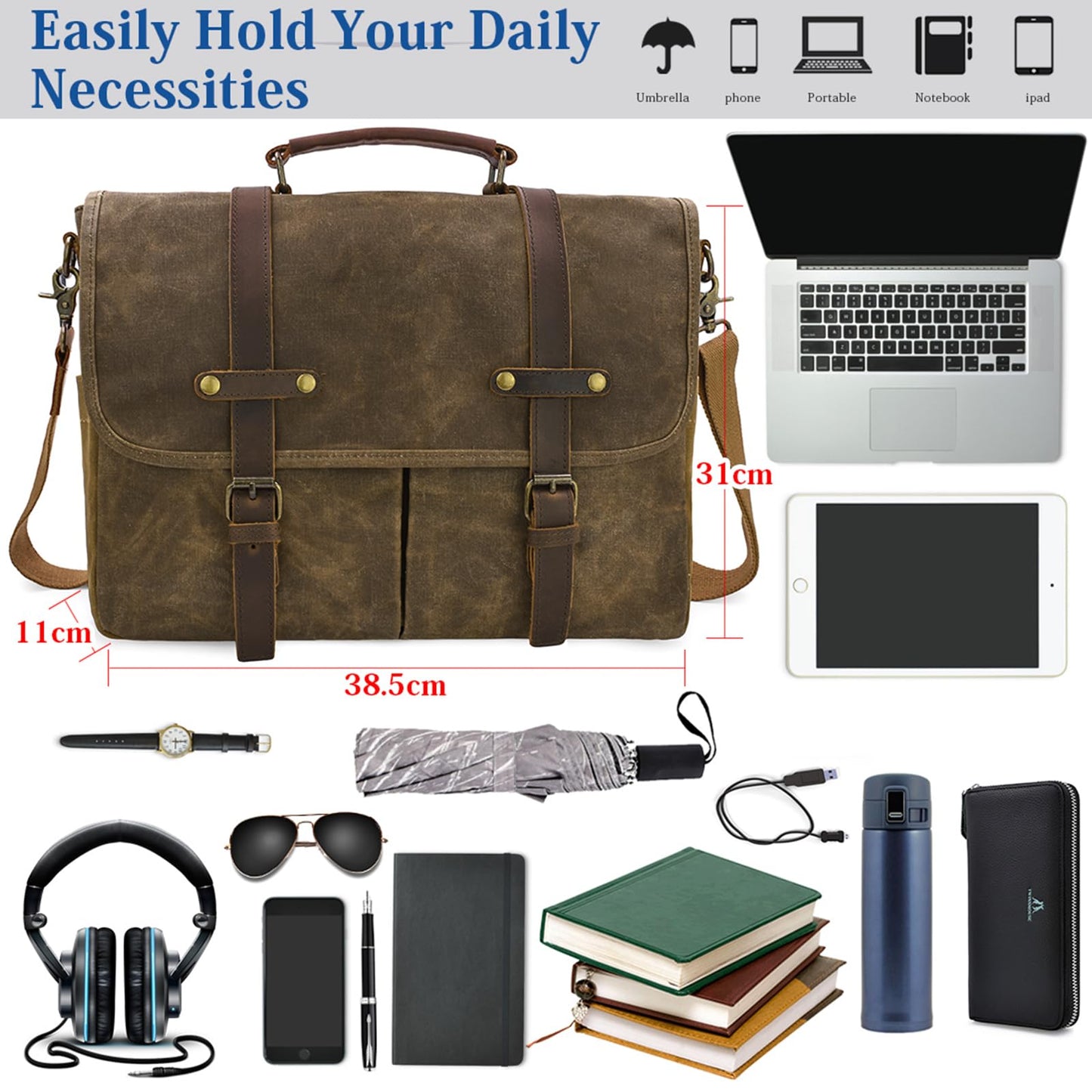 Mens Messenger Bag 15.6 Inch Waterproof Vintage Genuine Leather Waxed Canvas Briefcase Large Leather Computer Laptop Bag Rugged Satchel Shoulder Bag, Coffee