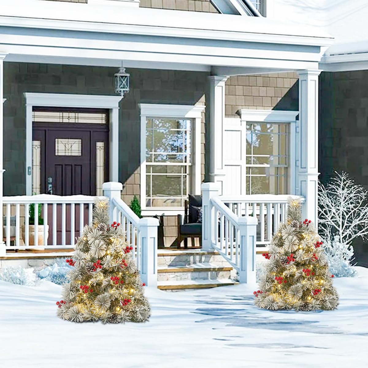 HiBean Christmas Tree Urn Filler 2 Set 30 inch, Pathway Porch Flocked Christmas Trees Pre-Light LED Battery Operated Outdoor Xmas Decor for Entrance, Yard, Garden, Red Berries, Pine Cones (White)