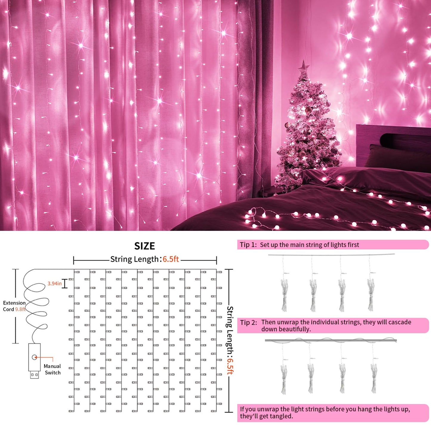 suddus Curtain Lights for Bedroom, 200 Led 6.5ft x 6.5ft Hanging String Lights Outdoor, Fairy Curtain Lights for Backdrop, Window, Wall, Wedding, Party, Garden, Porch, Birthday Decorations Pink