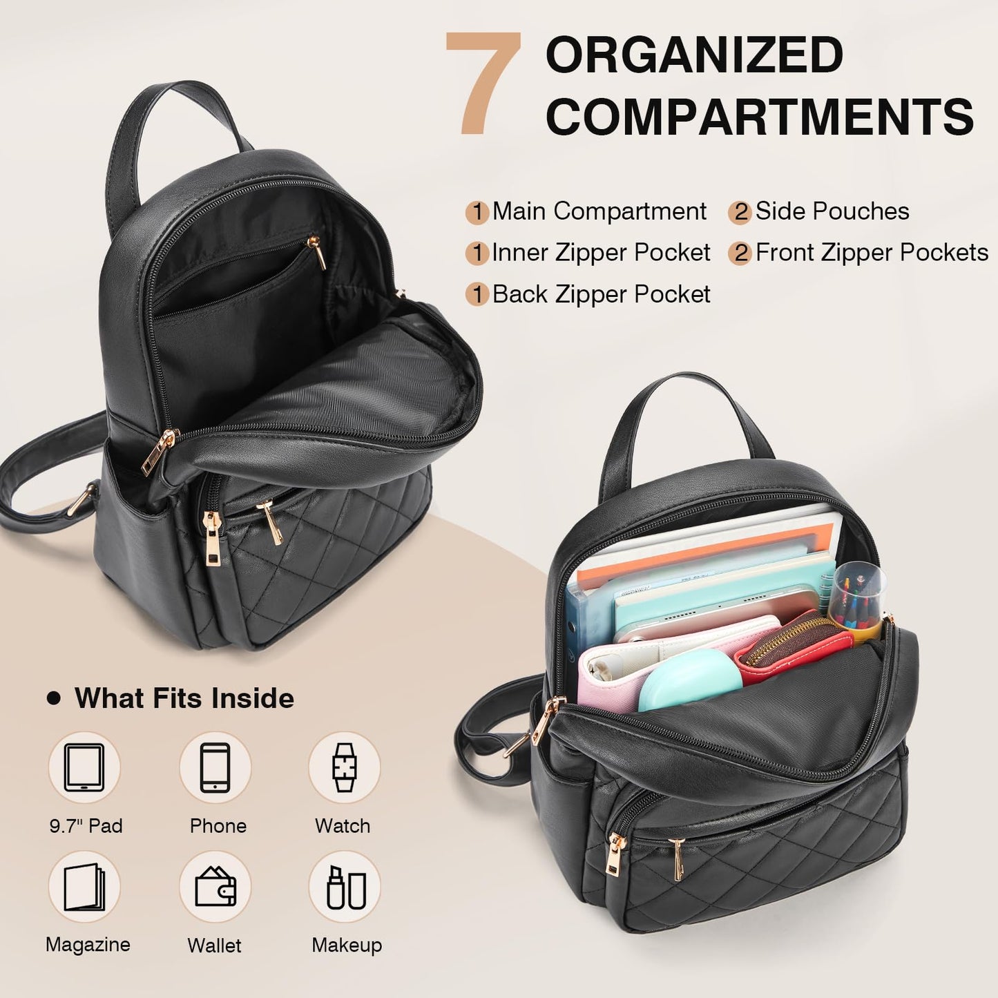 Marvolia Mini Backpack for Women - Vegan Leather Small Backpack Fashion Backpack Purse for Travel Work Shopping - Black