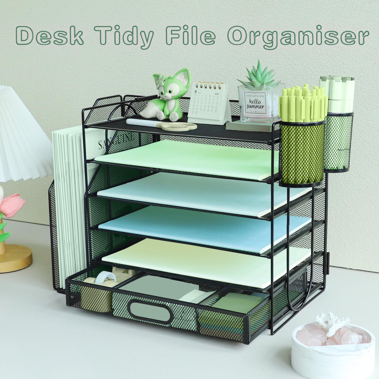 6 Tier Desk File Organiser with Extra Vertical File Sorter, Paper Letter Tray with Top Stationery Drawer Holder, A4 Paper Desktop Filing Trays, Magazine Document Holder for Home Office, Black