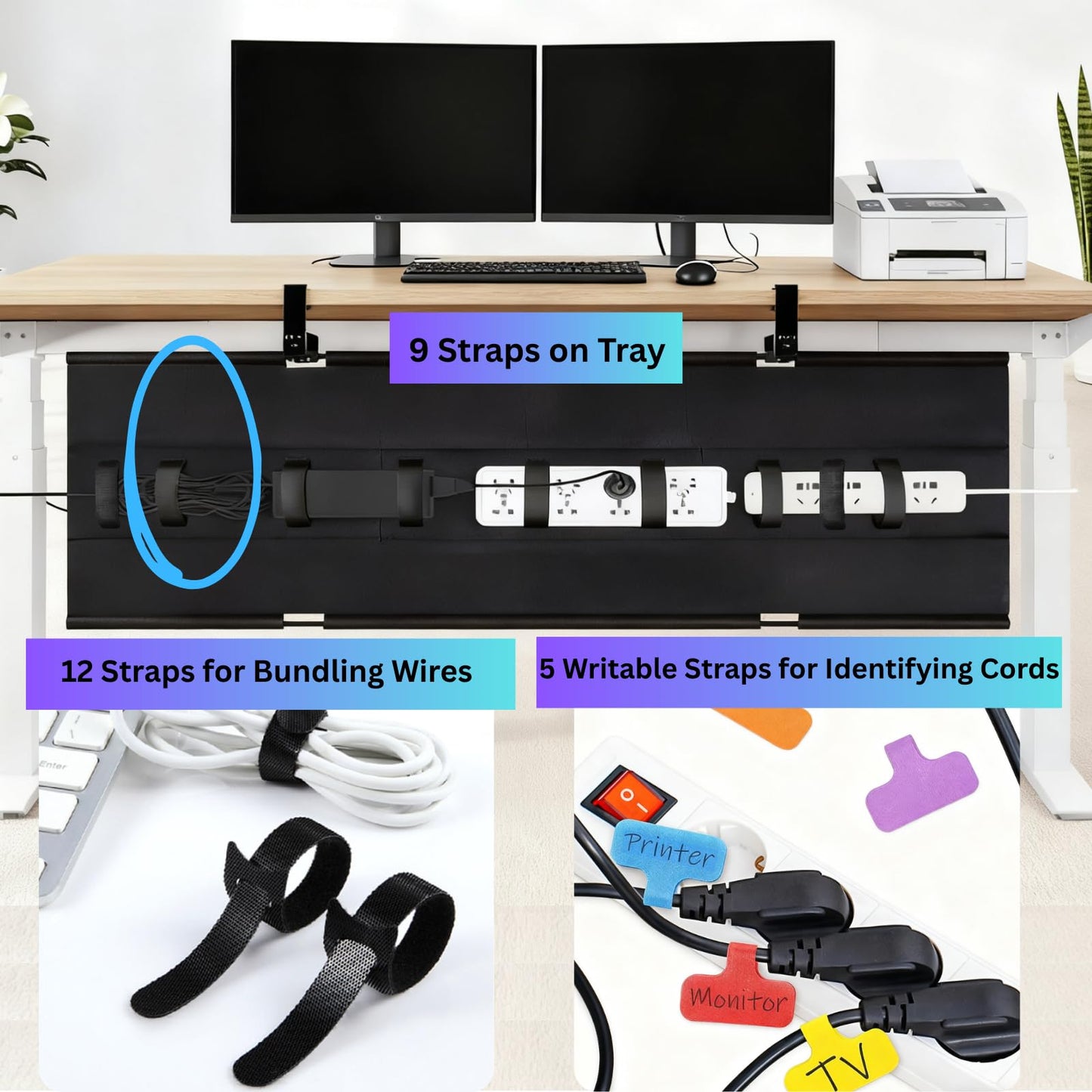 Under Desk Cable Management Tray, 48" Extra Large No Drill Cord Organizer with Easy to Clean Oxford Fabric, Clamp On Power Stripe Holder for Office, Home Office & Gaming Space