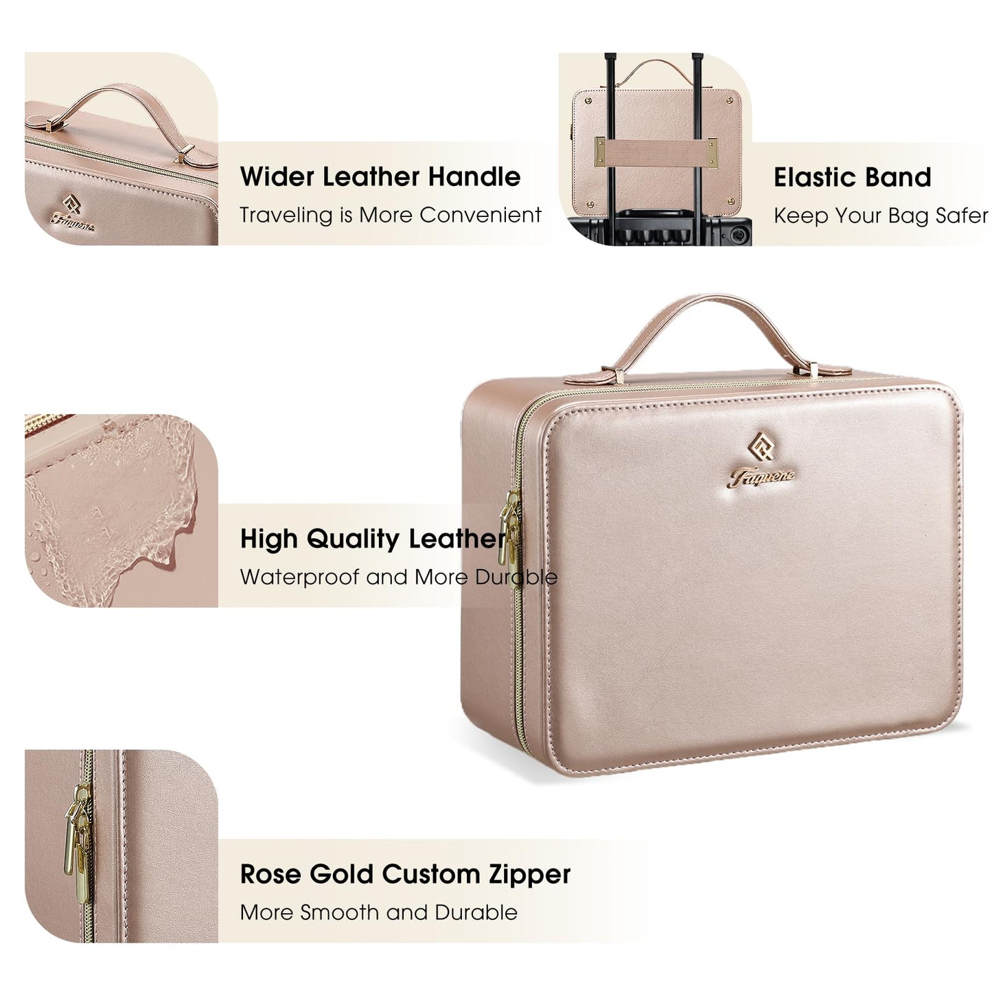 Leather Makeup Case with LED Lighted Mirror 11.4 Inch Travel Makeup Bag Adjustable Brightness in 3 Colors Cosmetic Organizer Artist Storage Bag with Dividers Brush Holder Bag Vanity Champagne Gold