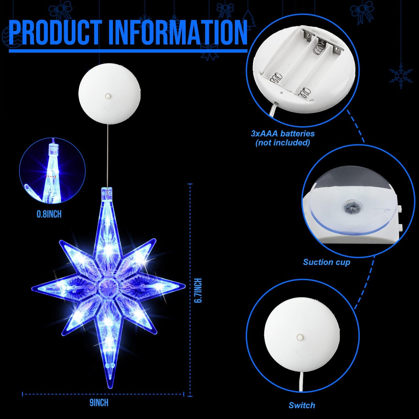 VIHOSE 3 Pcs 10.6 Inch Bethlehem Christmas Window Lights Plastic LED Lighted Christmas Window Silhouette Lights Large Hanging Xmas Tree Ornaments (Blue)