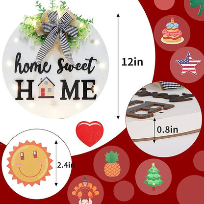 Interchangeable Welcome Sign for Front Door with 14 Changeable Icons, Farmhouse Front Porch Decor Rustic Wooden Wall Sign with 12 LED Lights, Outdoor Seasonal Welcome Home Decorations (White1)