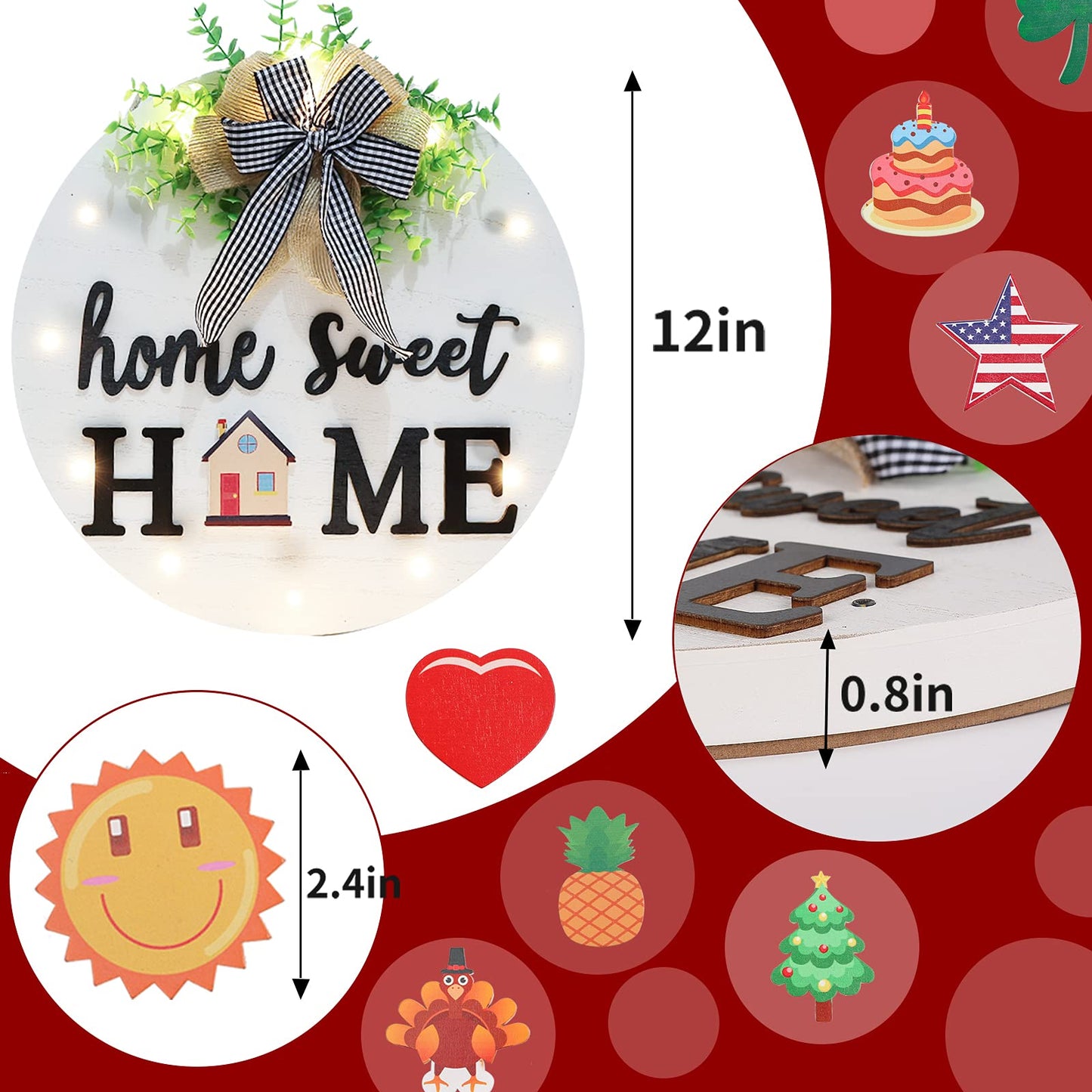 Interchangeable Welcome Sign for Front Door with 14 Changeable Icons, Farmhouse Front Porch Decor Rustic Wooden Wall Sign with 12 LED Lights, Outdoor Seasonal Welcome Home Decorations (White1)