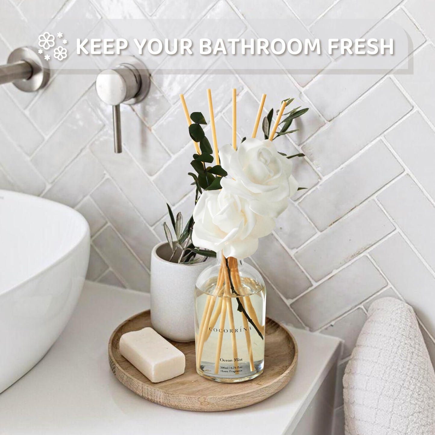 COCORRÍNA Reed Diffuser - Ocean Mist Scent, 6.76 fl oz Essential Oil with 8 Reed Sticks - Home Fragrance for Bedroom Bathroom Shelf Décor