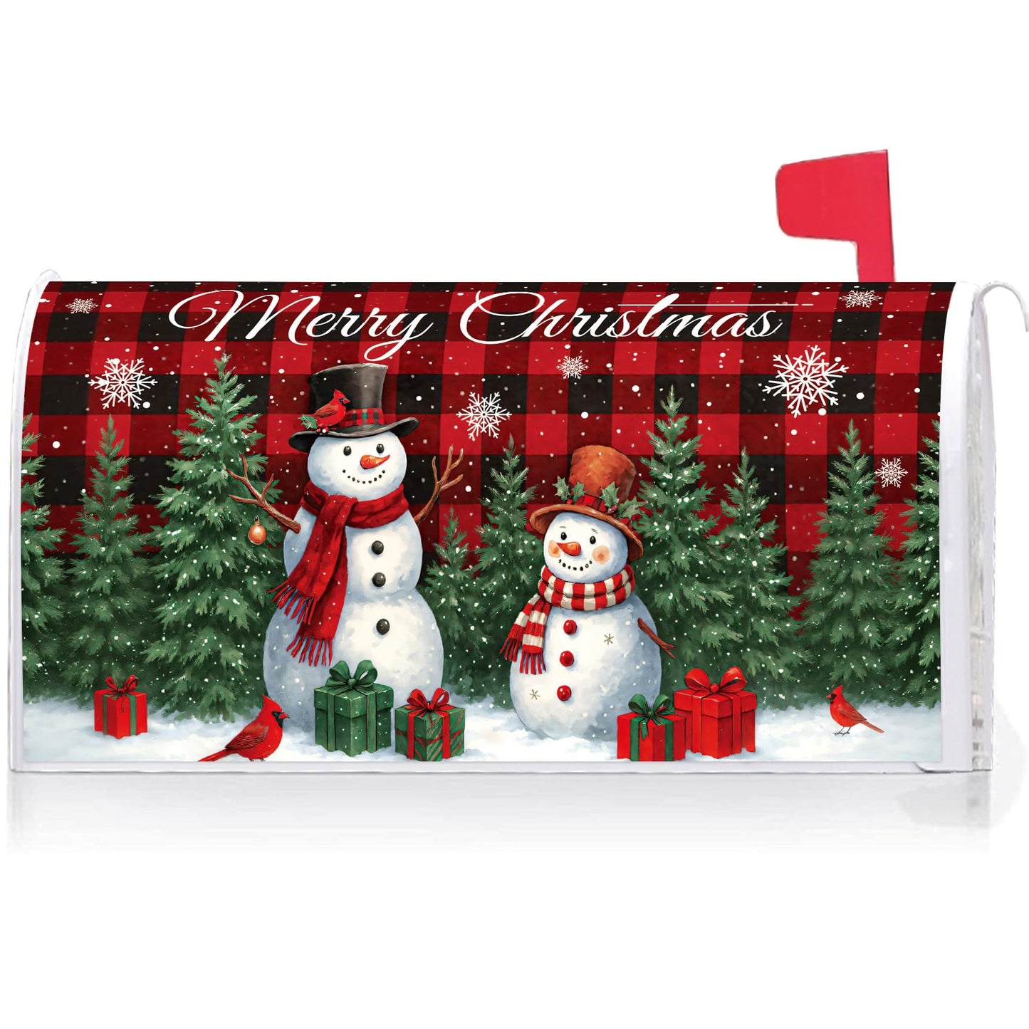 Texupday Merry Christmas Snowman Cardinal Buffalo Plaid Mailbox Cover with Magnetic Strip Winter Holiday Mailbox Wraps Post Letter Box Cover Standard Size 21" X 18" for Garden Outdoor Yard Decor