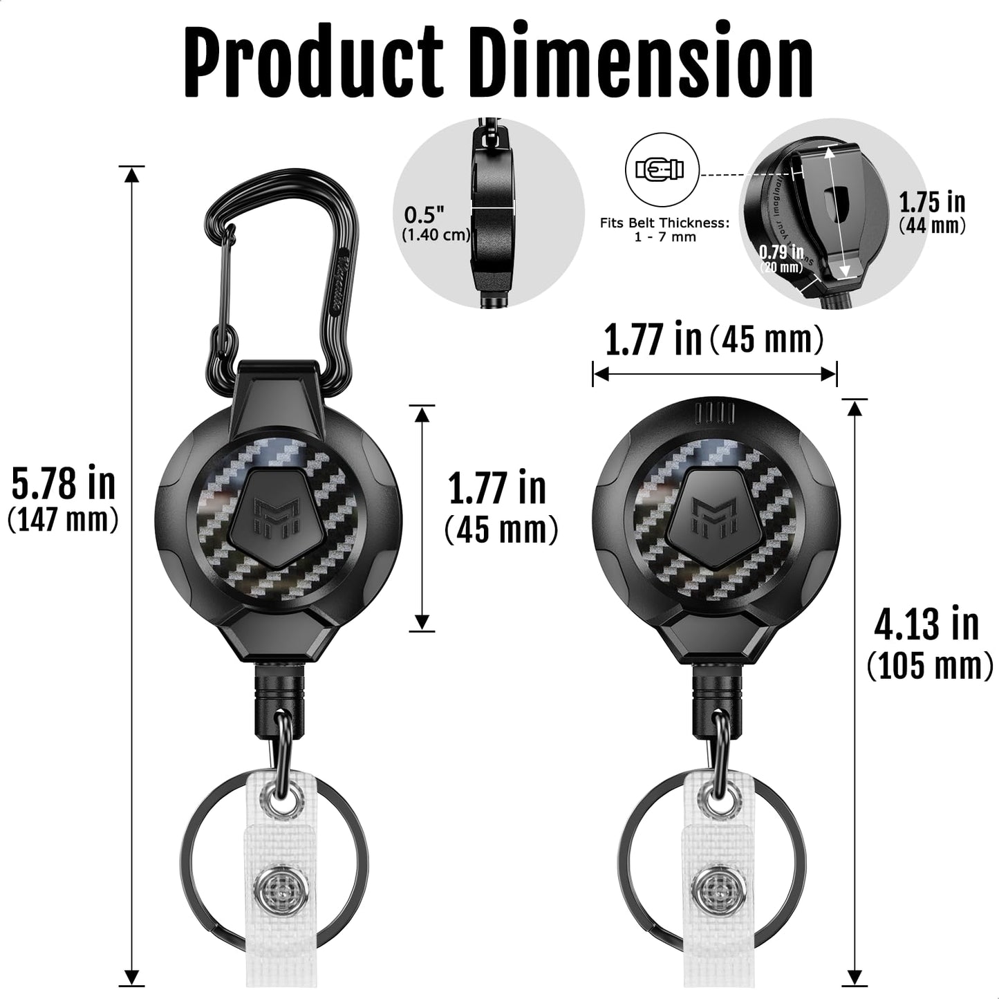 MNGARISTA Upgraded Heavy Duty Retractable Keychain, Belt Clip Ver. & Carabiner Ver., 10 oz Retraction, 31.5" Stainless Steel Cable, 3K Carbon Fiber Tactical ID Badge Reel Key Chain Retractor, 2 Pack