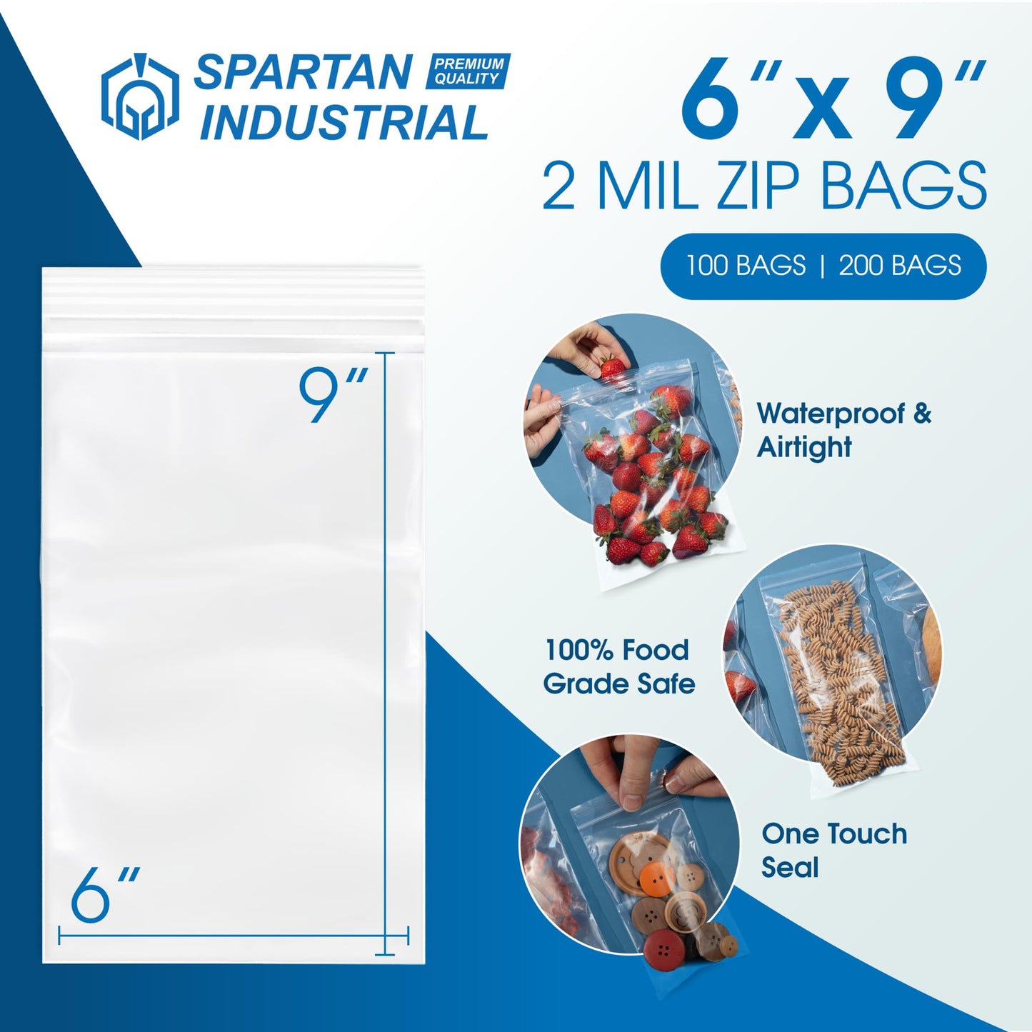 Spartan Industrial - 6” X 9” (1000 Count) 2 Mil Clear Reclosable Zip Plastic Poly Bags with Resealable Lock Seal Zipper