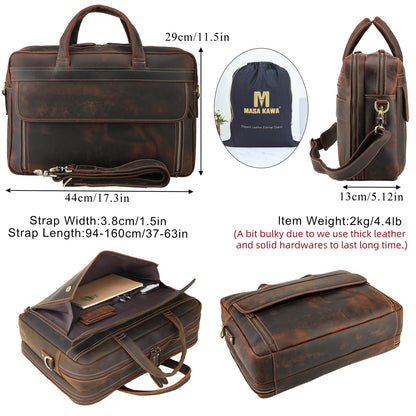Masa Kawa Vintage Leather Briefcase for Men 17 Inch Laptop Computer Brief Case Business Travel Work Messenger Cross Body Shoulder Bags, Brown
