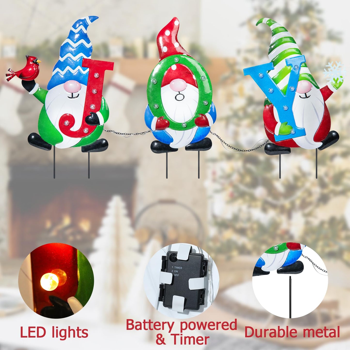 Afirst Christmas Yard Stakes Metal Christmas Outdoor Yard Decoration Gnomes Holding Joy Lighted Metal Stakes Outdoor Xmas Stake Lawn Pathway Garden Decoration