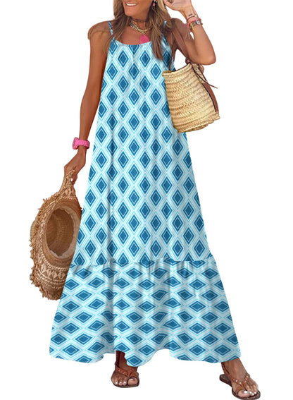 Dokotoo Women Summer Dresses 2025 Spaghetti Strap Scoop Neck Smocked Ruffle Flowy Boho Maxi Dress