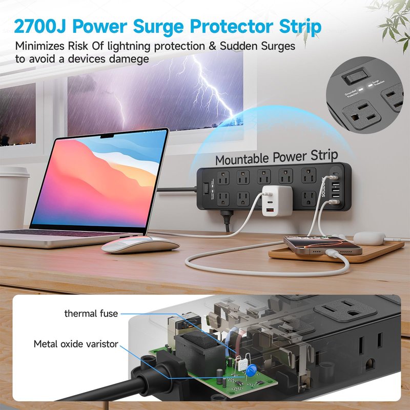 Solidock 20AC Power Strip with USB Ports, Heavy Duty Surge Protector Power Strip 15 Amp, 6Ft Extension Cord with Multiple Outlets