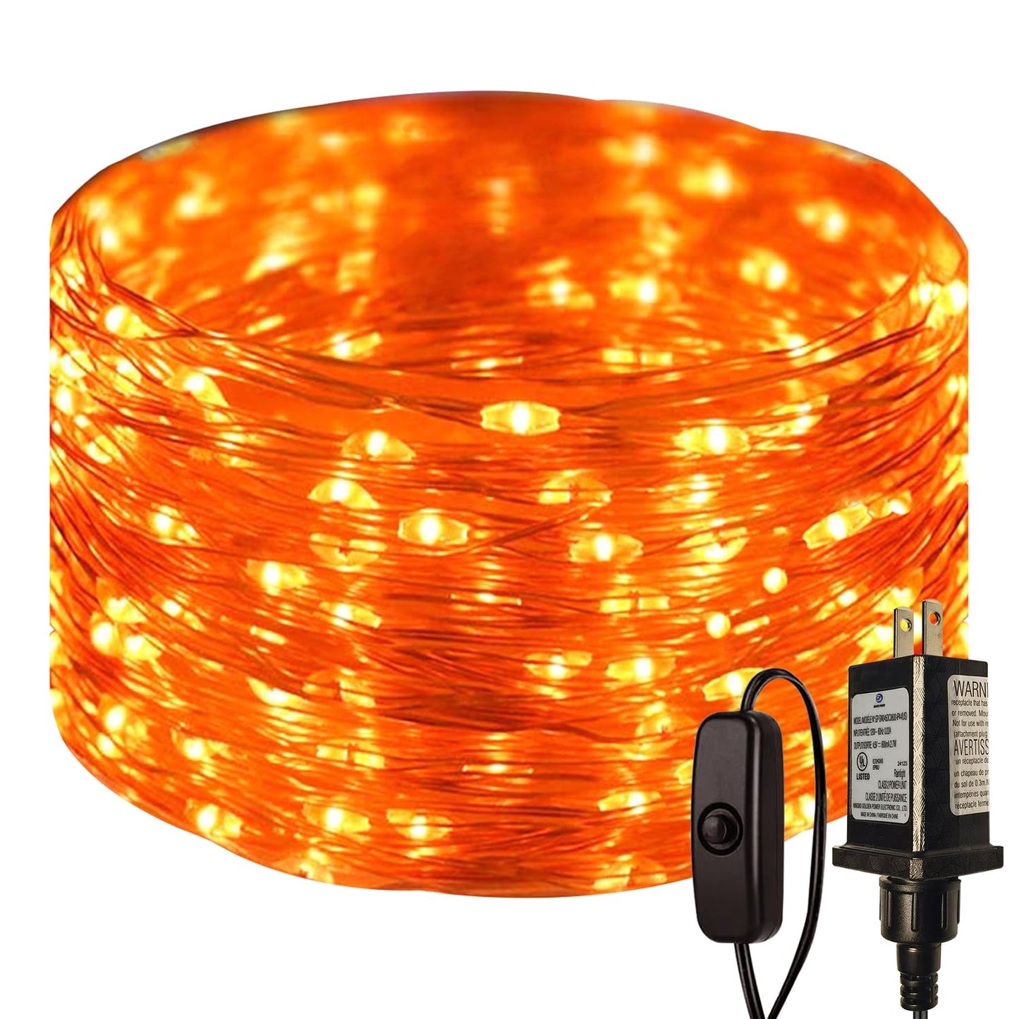 RUICHEN Plug in Fairy Lights with Switch, Waterproof 33 Ft 100 LED Silver Wire Starry String Firefly Lights for Christmas, Halloween, Thanksgiving, Parties, Ceiling, Vases, Craft, Orange