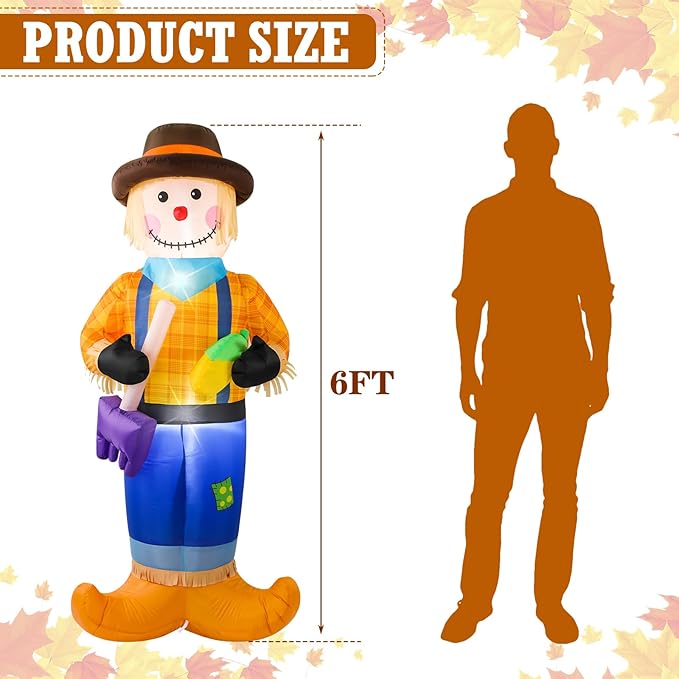 Jenaai 2 Pcs 6 Feet Fall Thanksgiving Harvest Inflatable Scarecrow Fall Harvest Inflatable Patio Decoration Autumn Blow up LED Lights Scarecrow for Outside, Front Door, Garden, Yard, Lawn