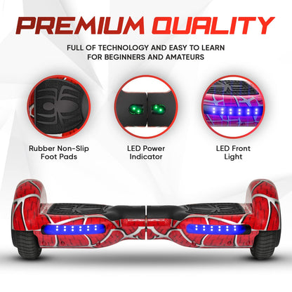 EMAXUSA, Spider-Pattern Hover Board for Kids Ages 6-12, with Bluetooth Speaker and LED Lights 6.5" Hover Board, UL2272 Safety Certified (Red)