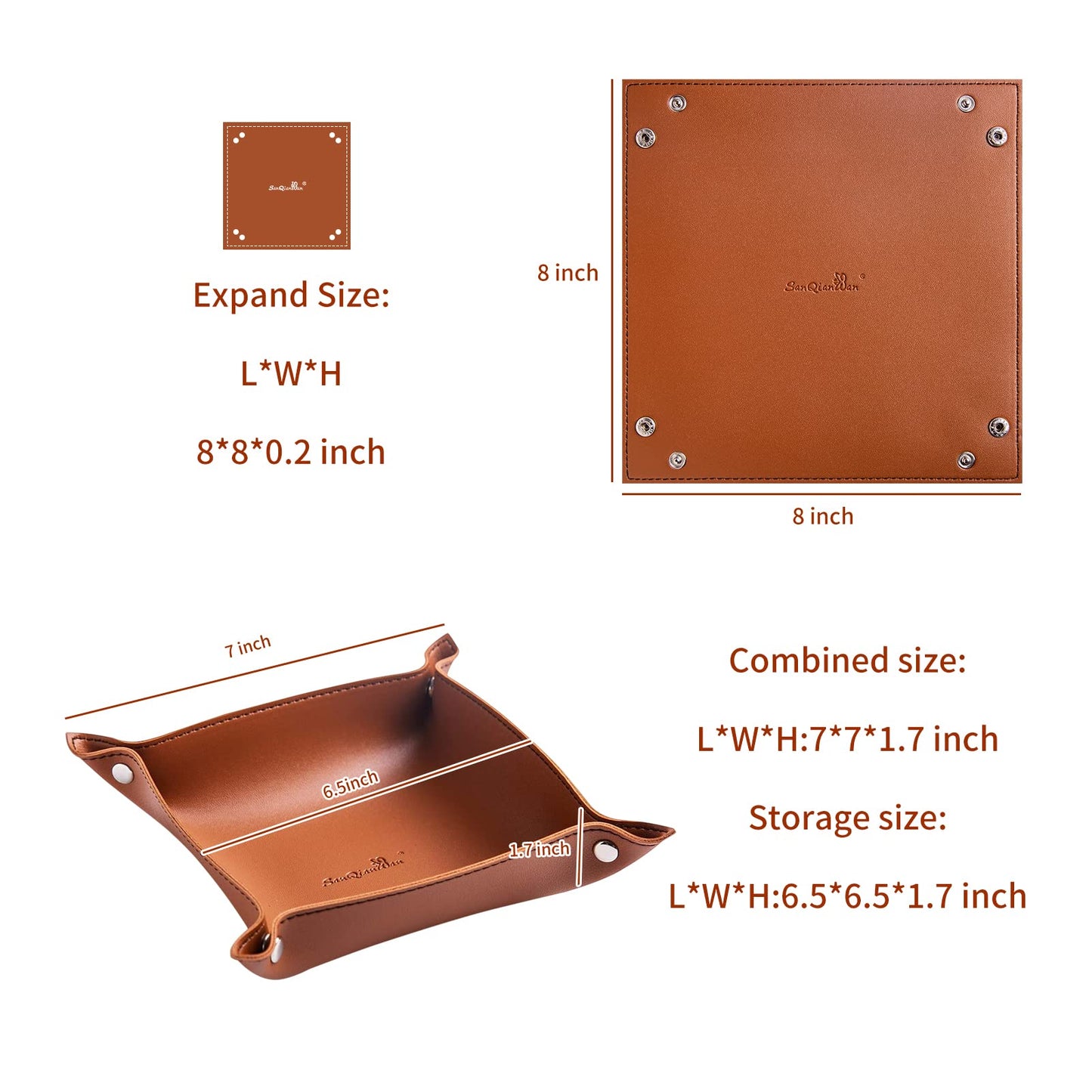 SANQIANWAN PU Leather Jewelry Valet Tray for Women and Men, Portable Entryway Table and Bedside Nightstand Desk Catchall Travel Dish Plate for Key, Wallet, Watch, Coin (Brown-B)
