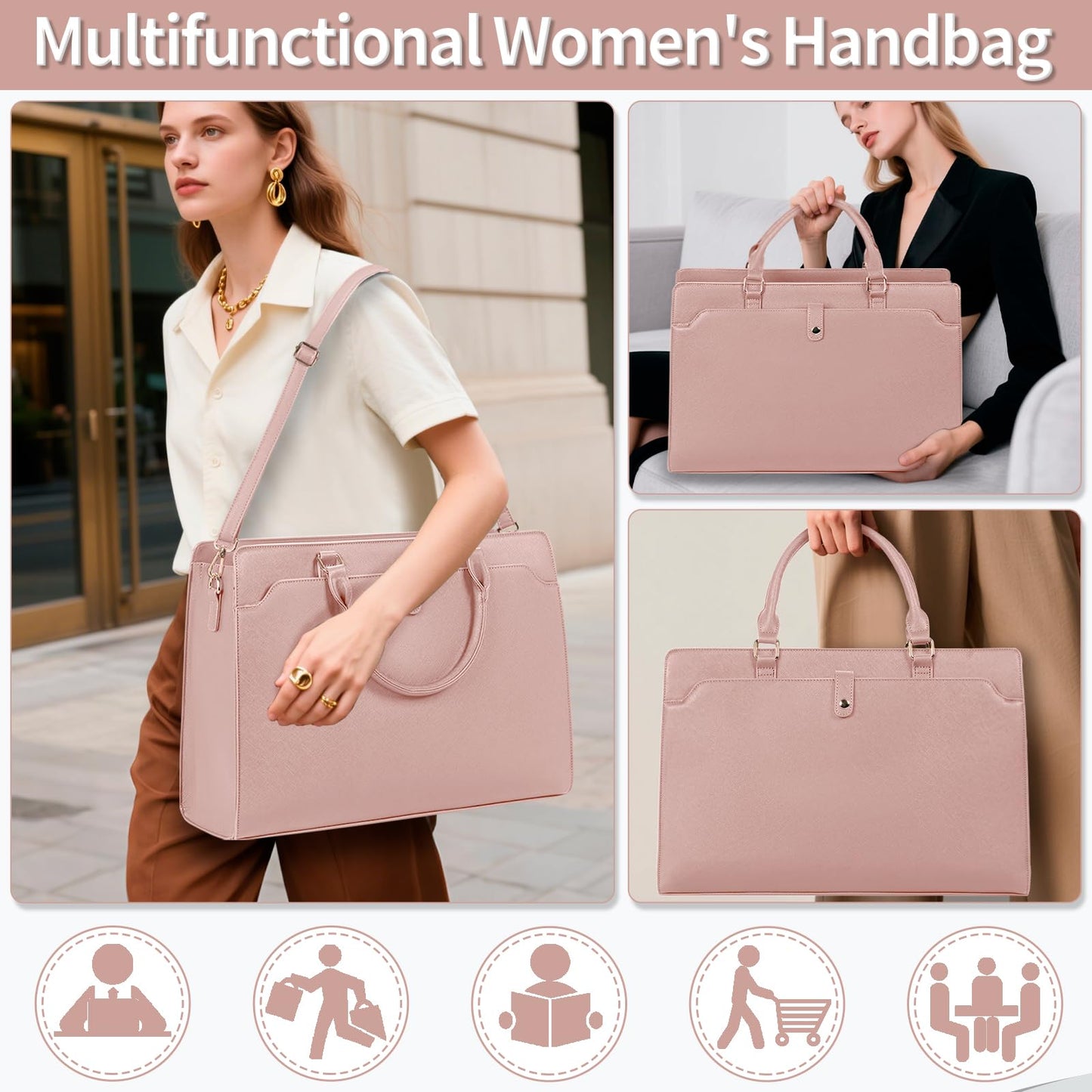 GMAK Laptop Tote Bag for Women, 15.6 Inch Leather Computer Bags Lightweight Business Office Work Briefcase Large Capacity Waterproof Handbag for Daily Commute Travel Work, Pink