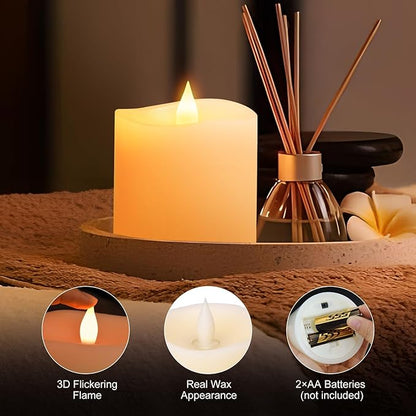 3x3 Flickering Flameless Candles, Real Wax LED Battery Operated Candles, 3 inch Flameless Candles with Remote,for Wedding Holiday Home Decor,Ivory
