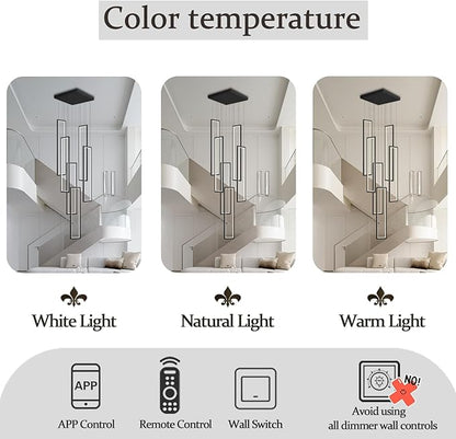 Flashing God Modern Chandelier,Black Chandelier with 6 Ring Led Foyer Chandeliers,Larger High Ceiling Chandelier for Living Room,Rectangle Chandelier for Entryway Staircase LED Dimming 2700k-6001k