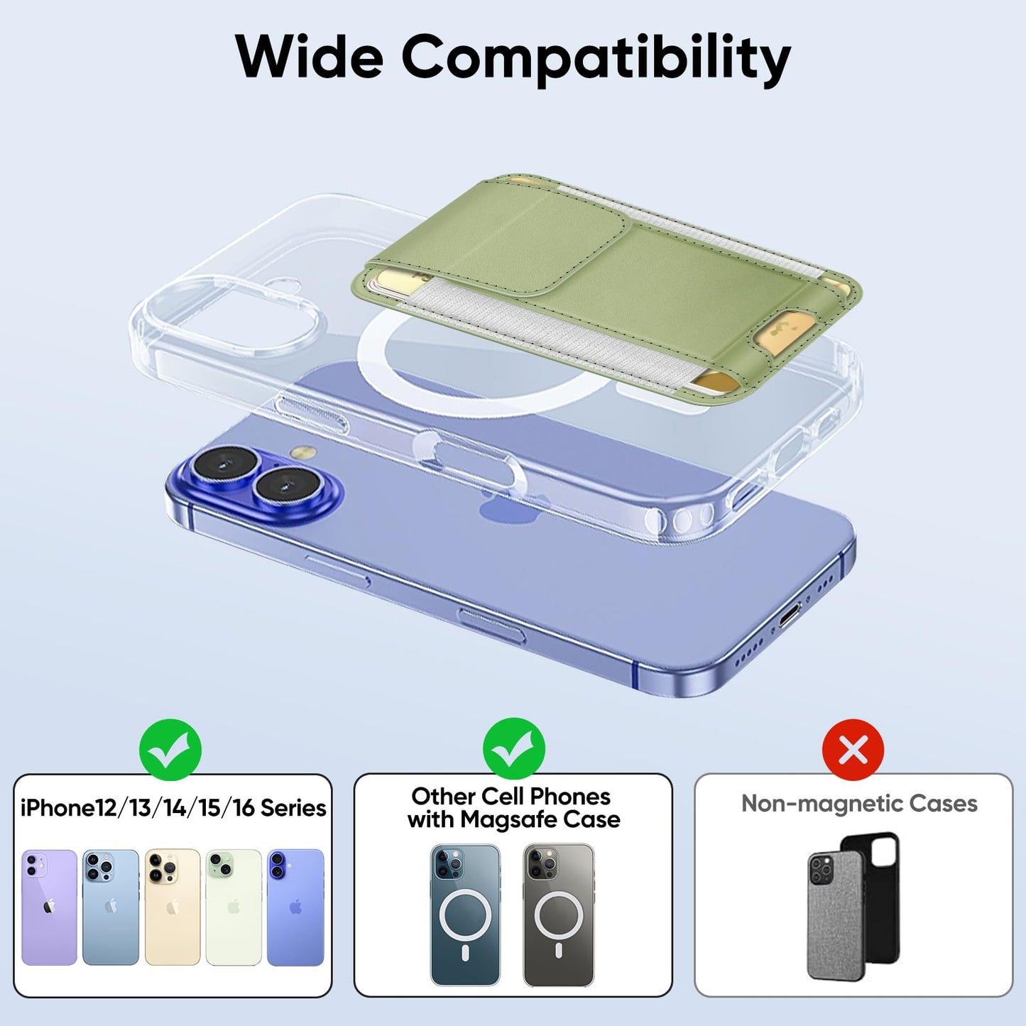 FINPAC MagSafe Wallet, Magnetic Card Wallet Holder for iPhone 17/16/15/14/13/12 Series, Safe RFID Blocking Slim Leather 6 Card Holder for Women Men, Bamboo Green