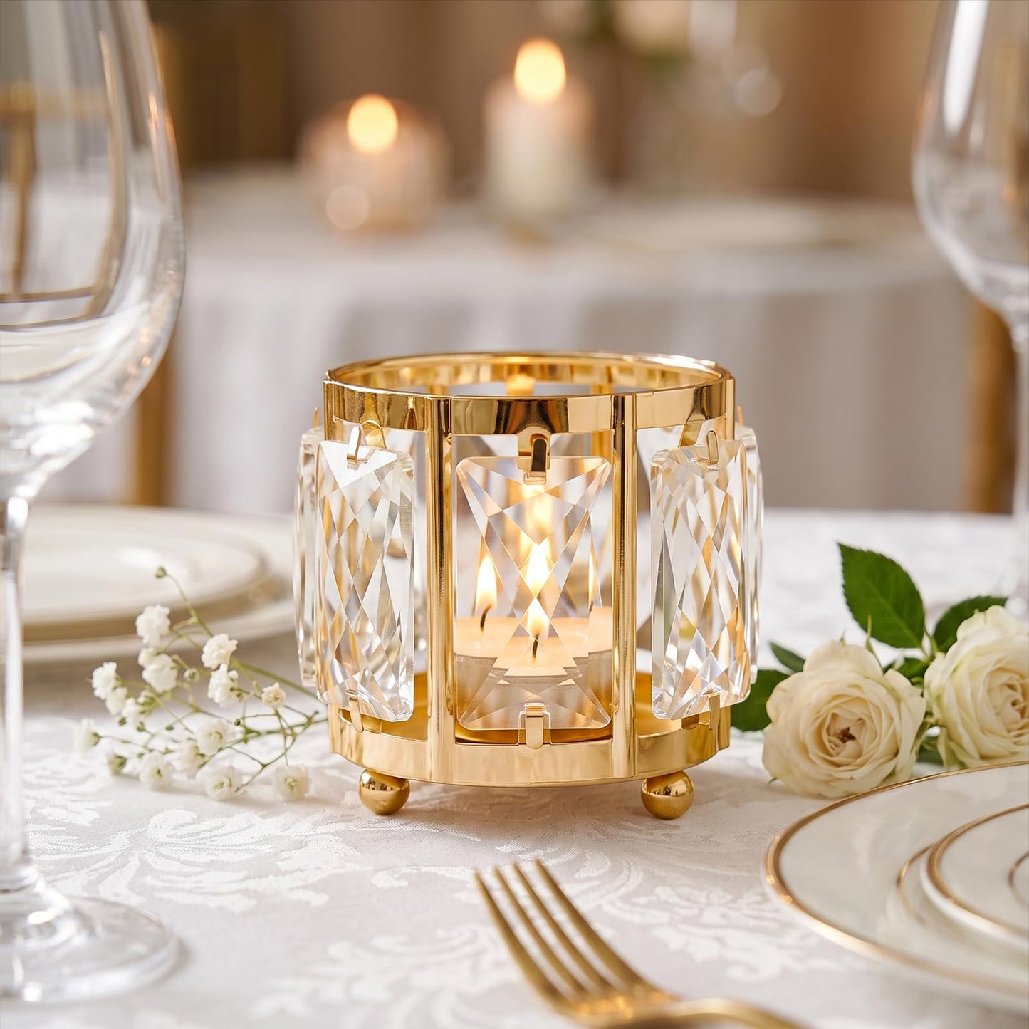 Kolnlala 6pcs Tabletop Tealight Crystal Candle holders3.5''x3.5'' Class Votive Holder Home Decoration,Table centerpieces/Wedding Decor,Gorgeous Gift,Tabletop/Centerpiece Votive Holder (French Gold)